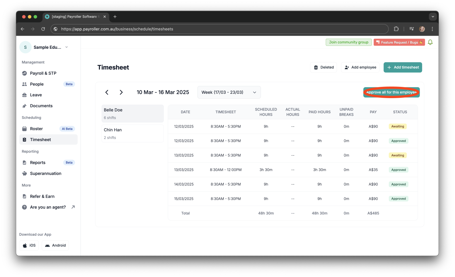 Timesheets and rostering - How to approve a timesheet - 3