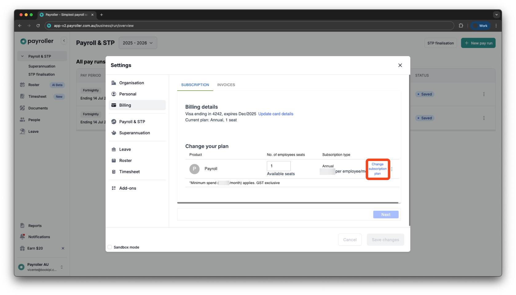 Payroller Employer Subscriptions - Editing the subscription type to a monthly or an annual subscription - 9