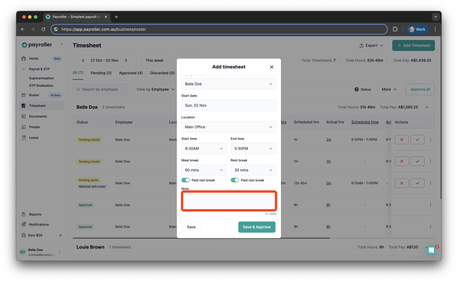 Timesheets and rostering - How to add a timesheet - 9