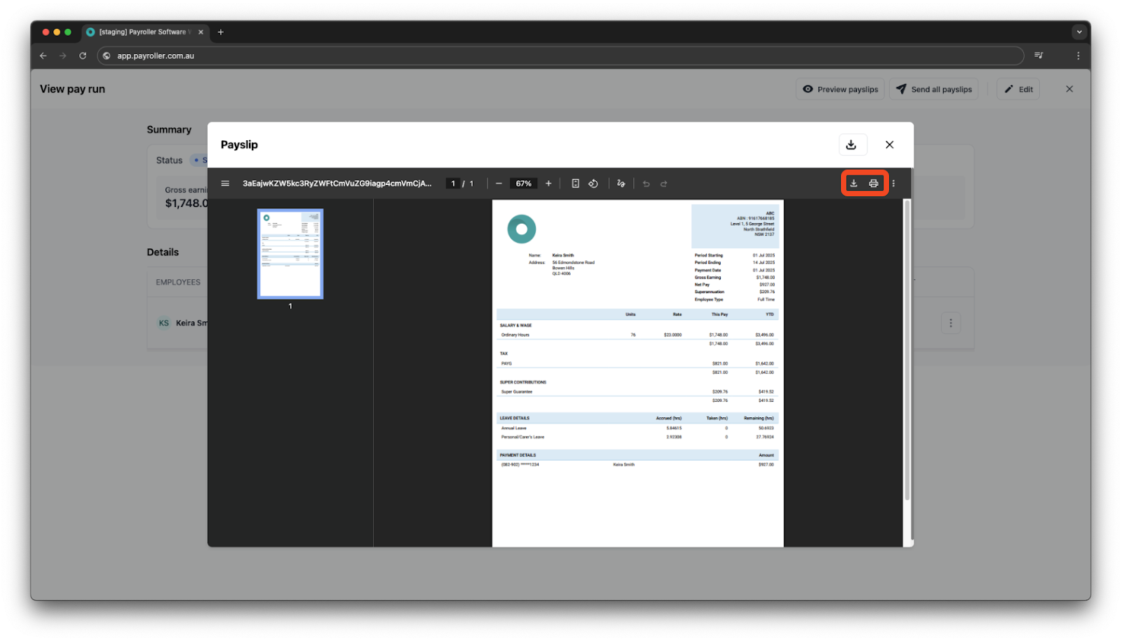 Creating pay runs - Send/view/print payslips - 7