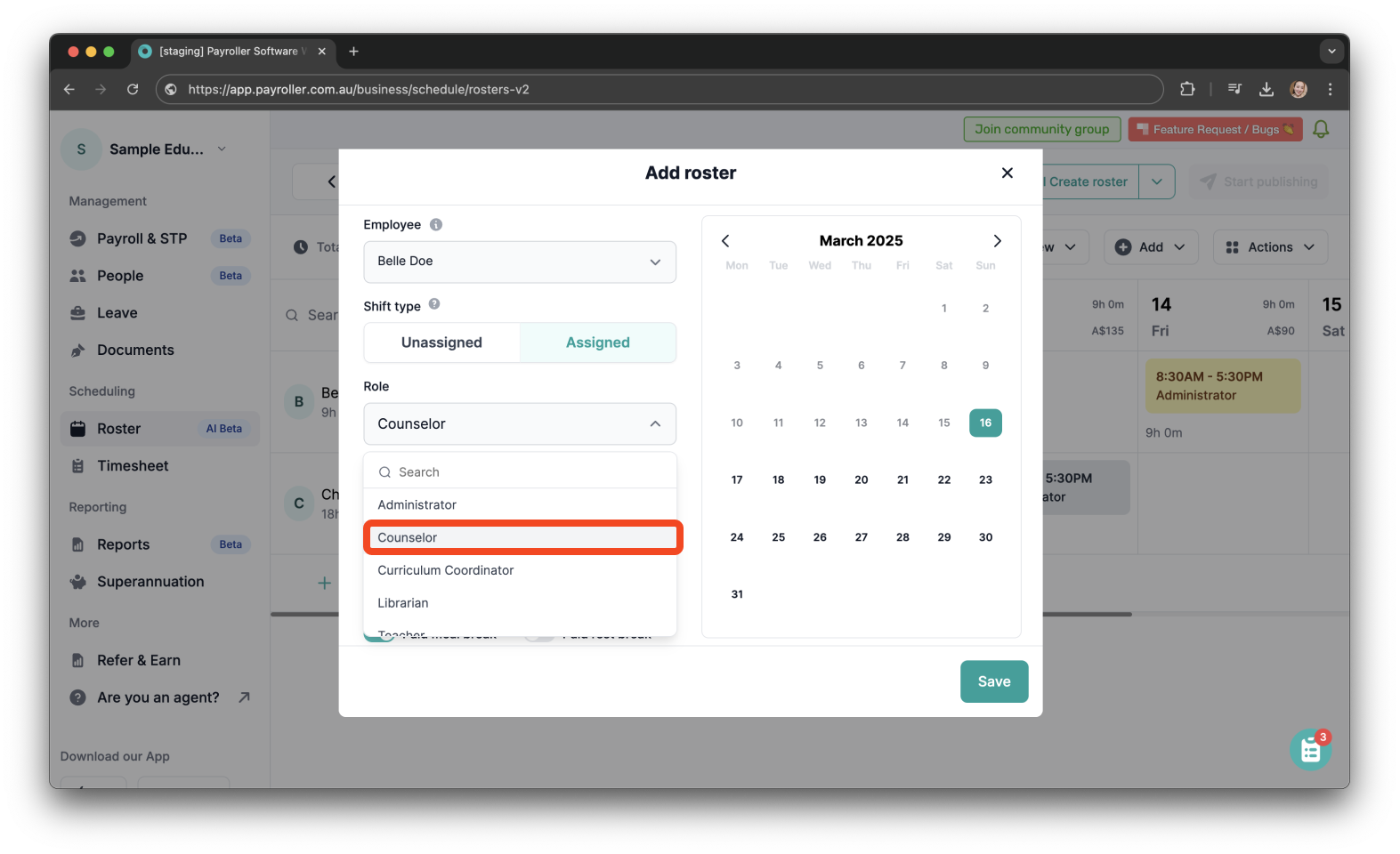 Timesheets and rostering - How to add a shift / How to set a roster - 5