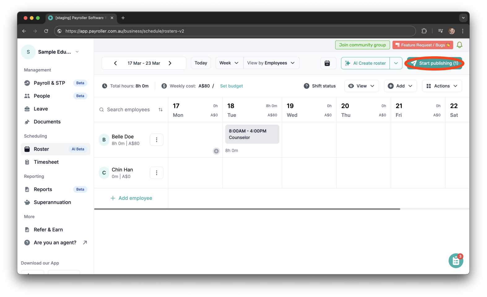 Timesheets and rostering - How to add a shift / How to set a roster - 14