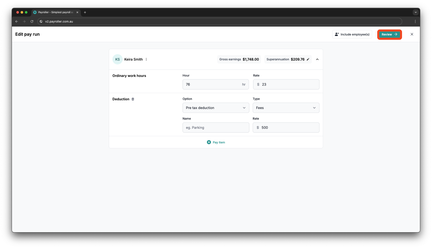 Creating pay runs - Adding a deduction - 8