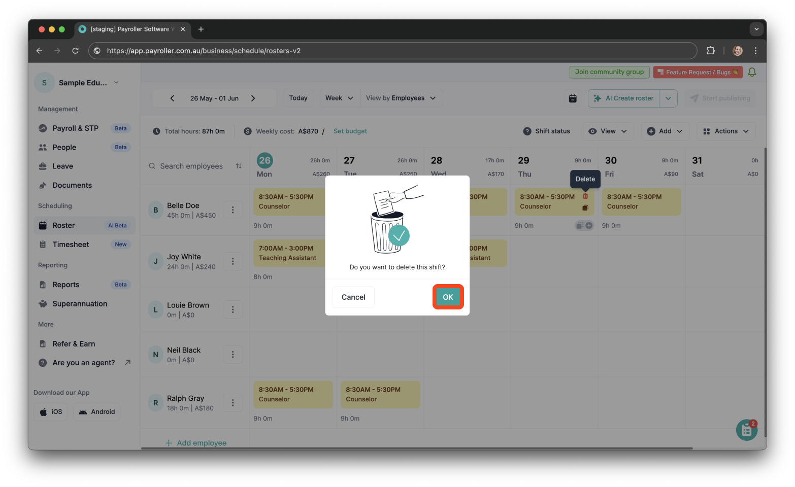 Timesheets and rostering - How to delete a shift in a roster - 5