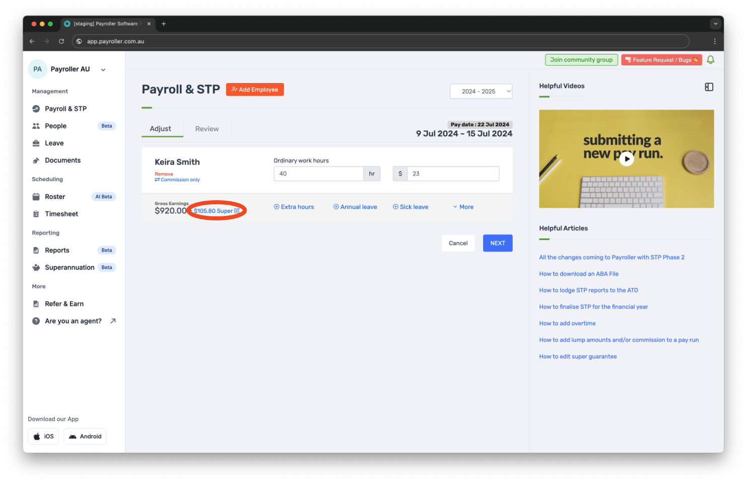 Creating pay runs - Edit super guarantee - 3