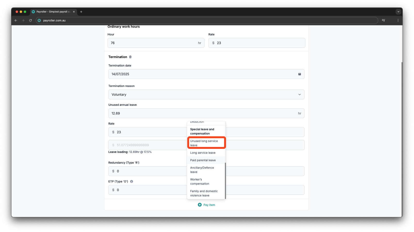 Payroller functions - Termination Payment - 10