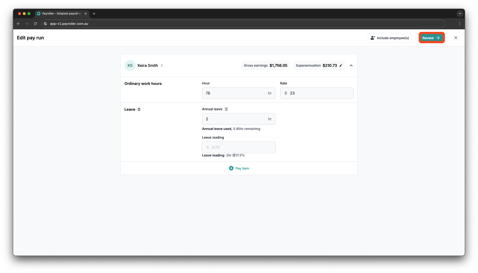 Creating pay runs - Adding leave to a pay run - 15