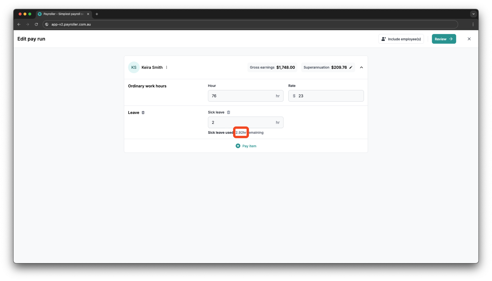 Creating pay runs - Adding leave to a pay run - 6