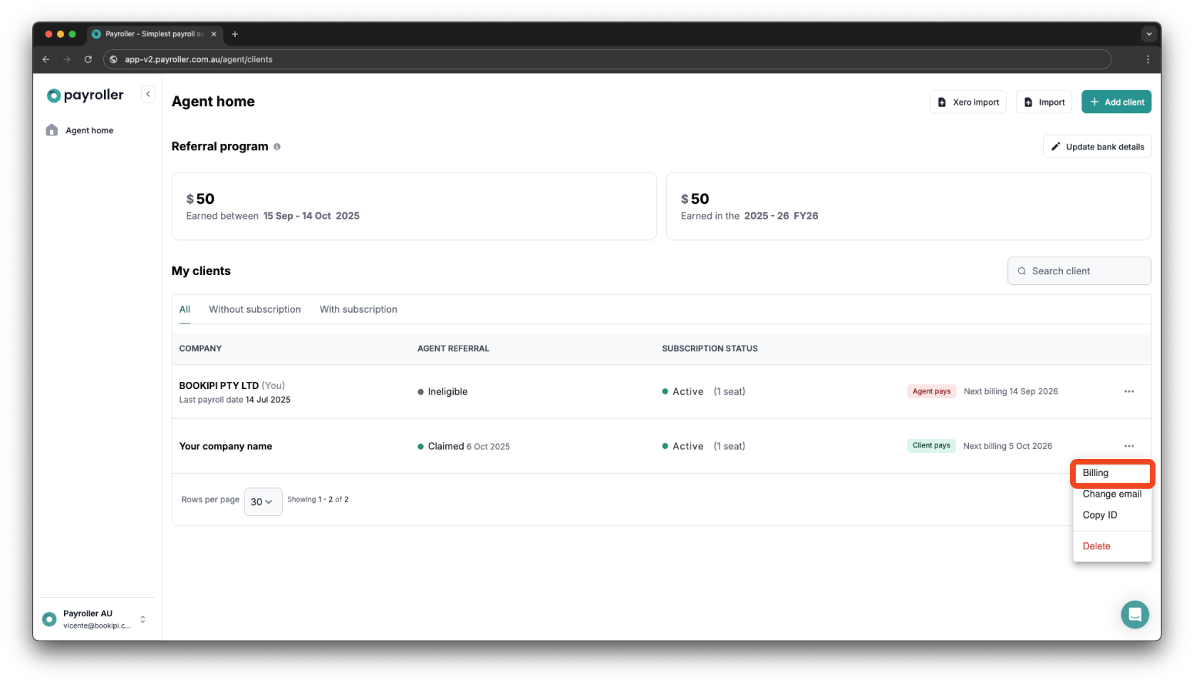 Payroller agent subscriptions - Updating the card details for client subscriptions for agents - 11