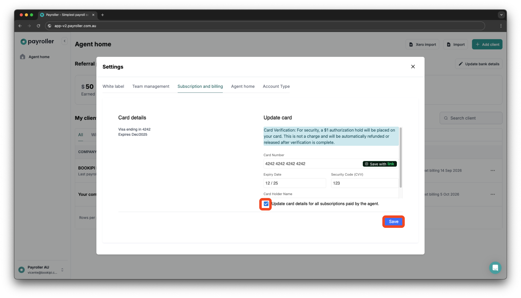 Payroller agent subscriptions - Updating the card details for client subscriptions for agents - 9