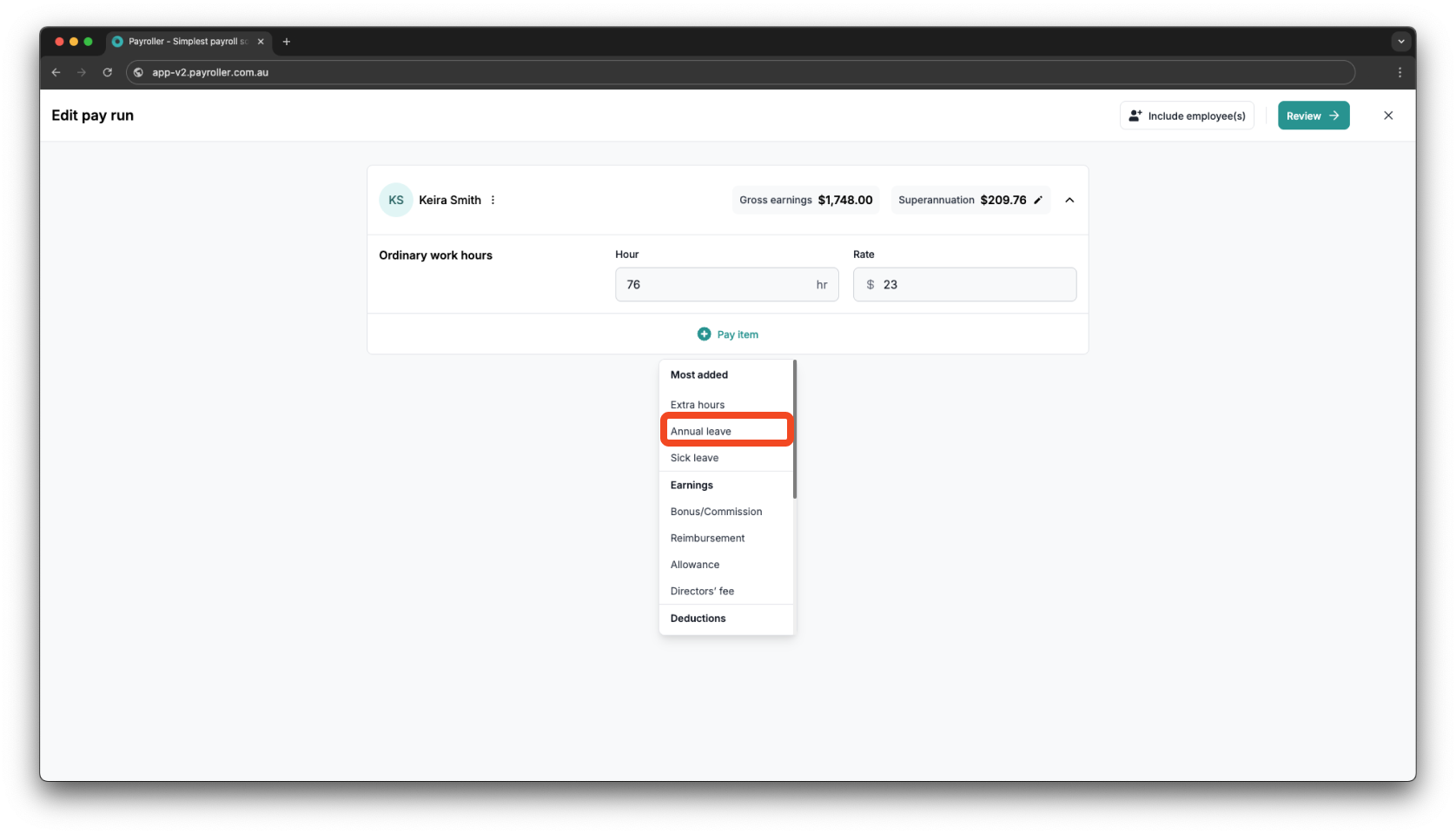 Creating pay runs - Adding leave to a pay run - 11