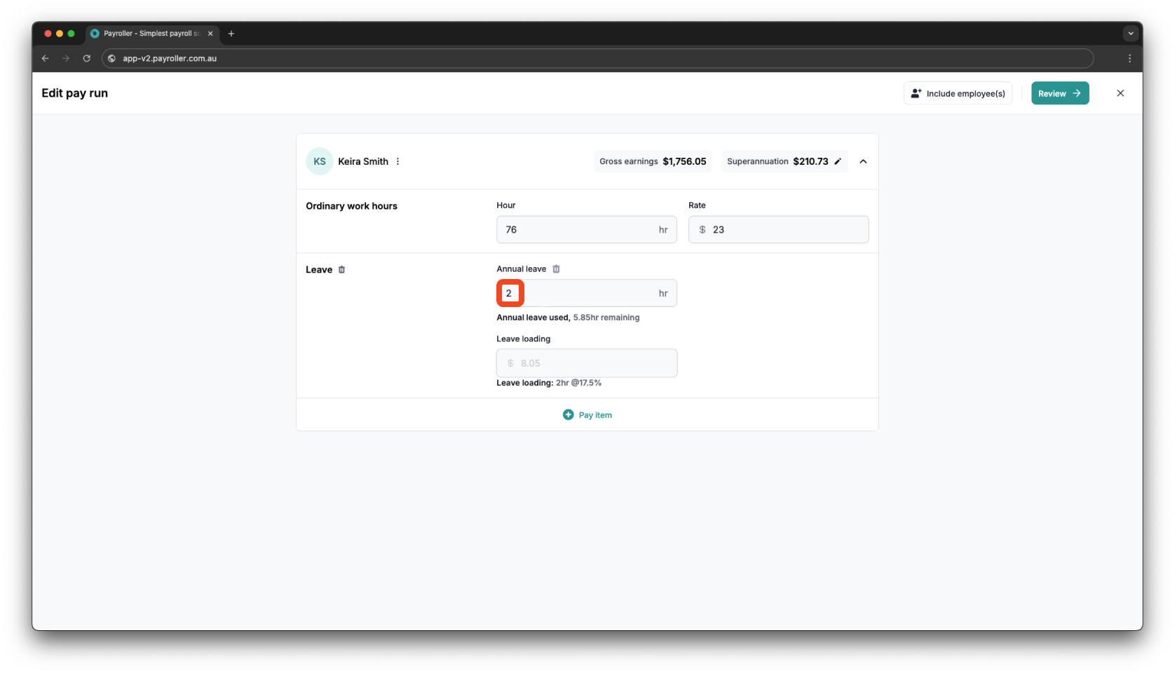 Creating pay runs - Adding leave to a pay run - 12