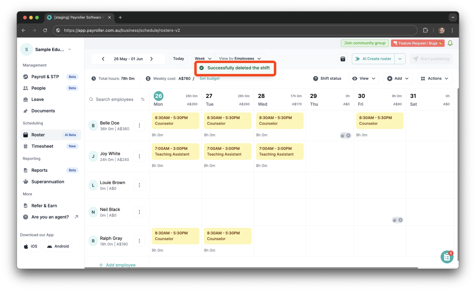 Timesheets and rostering - How to delete a shift in a roster - 6