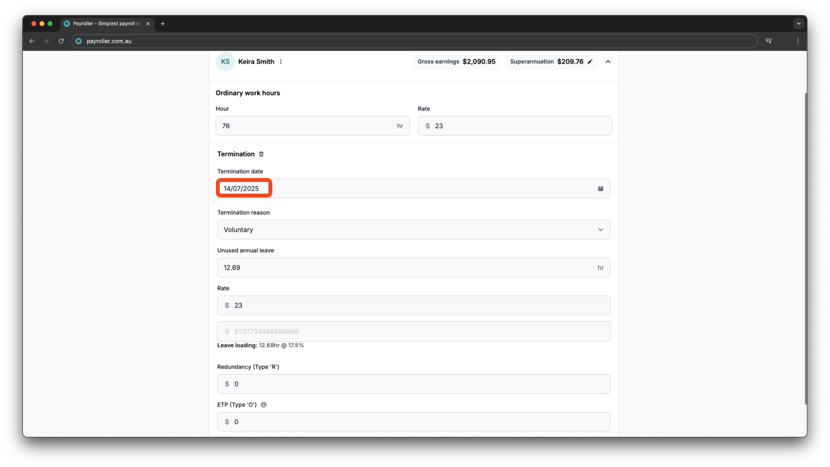 Payroller functions - Termination Payment - 5