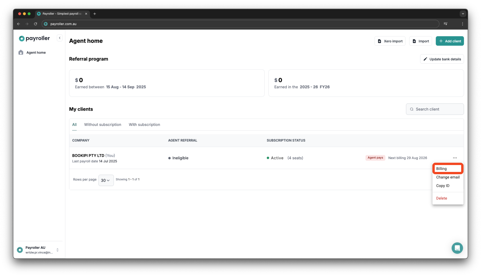 Payroller agent subscriptions - Downloading an invoice of a subscription payment for a client as an agent - 2