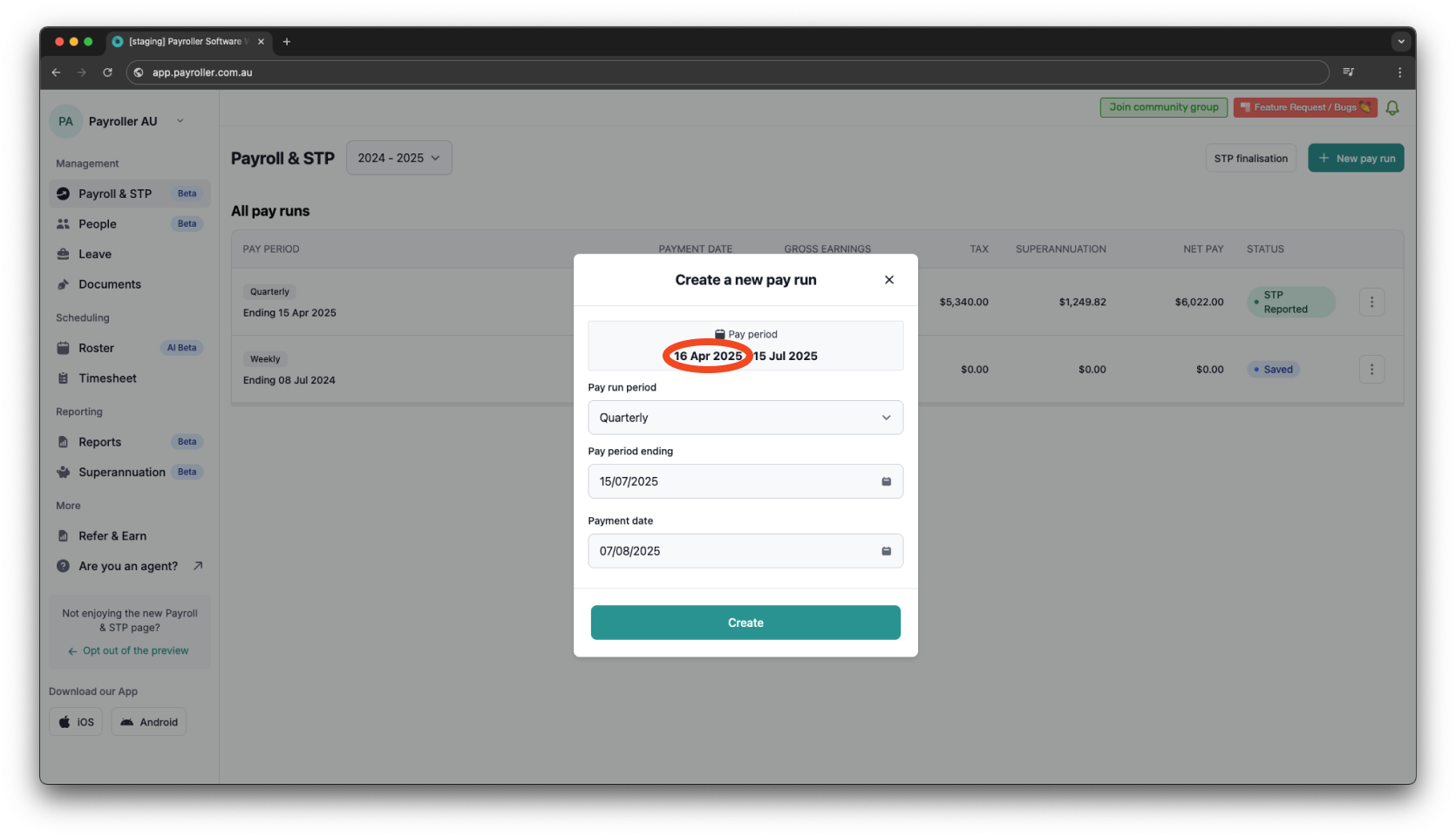 Payroller settings - Set the Payroll Start Date of your first pay run - 1