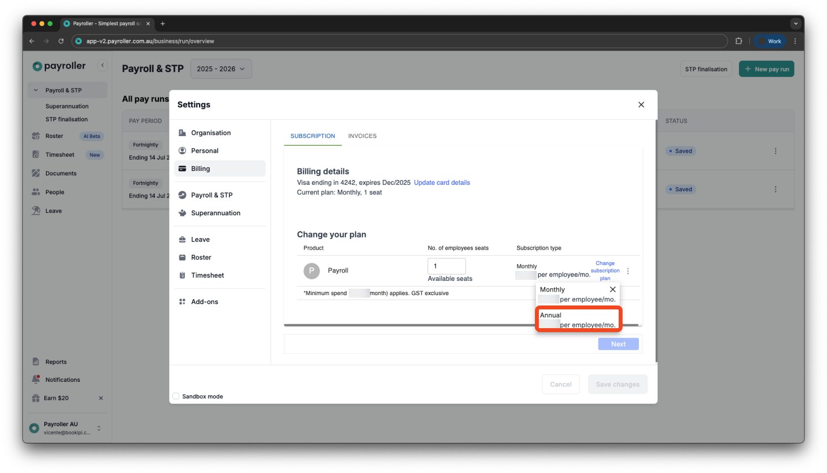 Payroller Employer Subscriptions - Editing the subscription type to a monthly or an annual subscription - 5