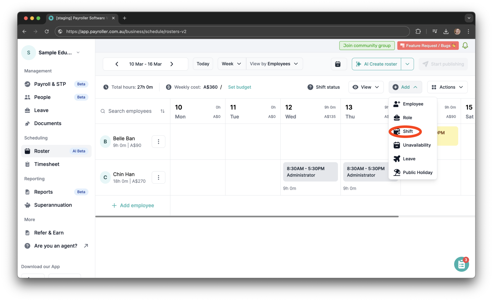 Timesheets and rostering - How to add a shift / How to set a roster - 3