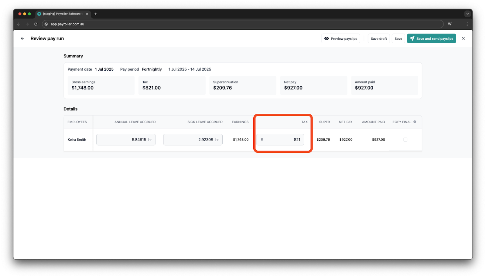Creating pay runs - Edit tax in review on the pay run - 4