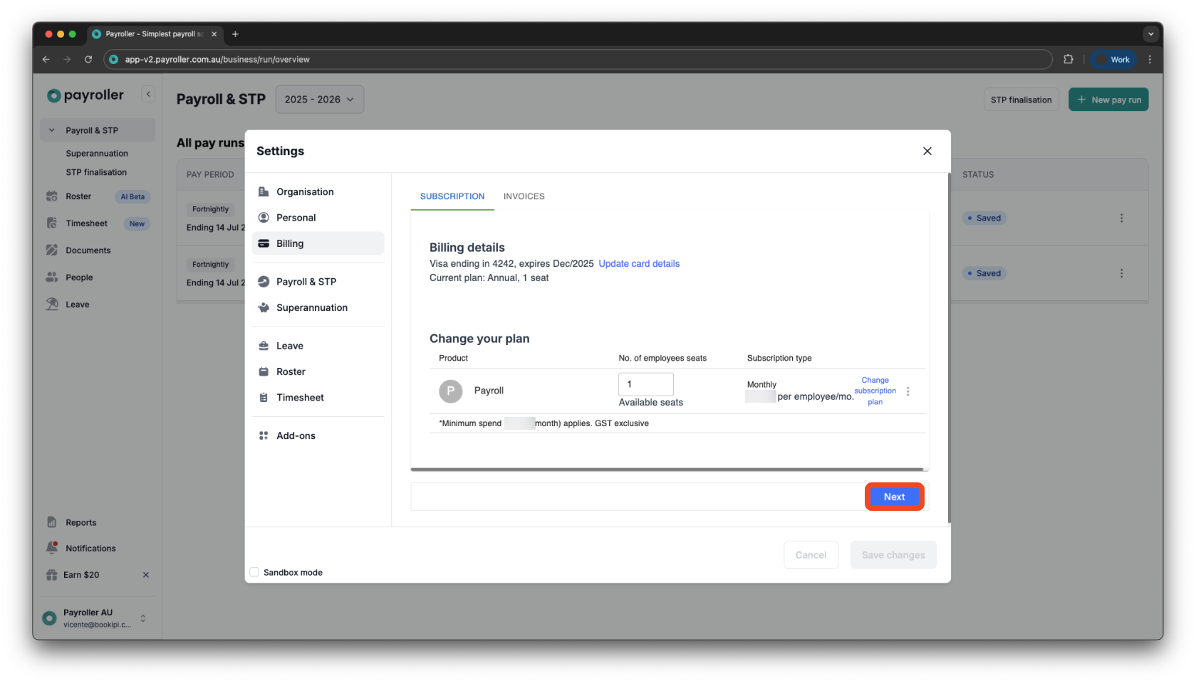 Payroller Employer Subscriptions - Editing the subscription type to a monthly or an annual subscription - 11