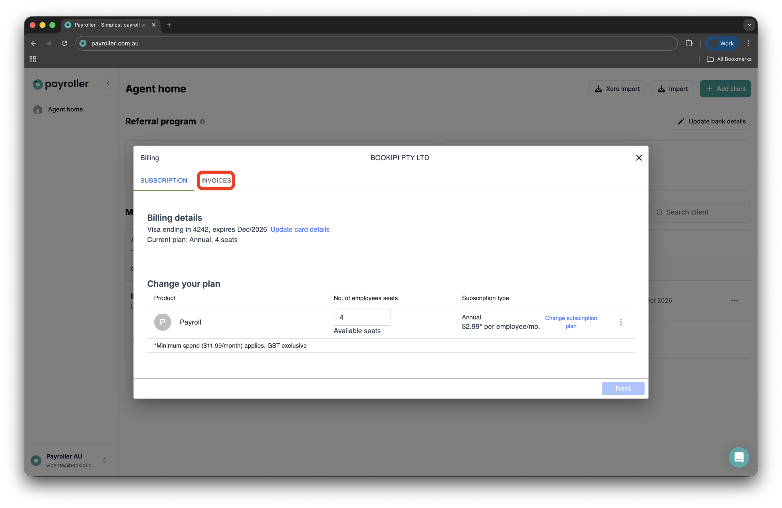 Payroller agent subscriptions - Downloading an invoice of a subscription payment for a client as an agent - 3