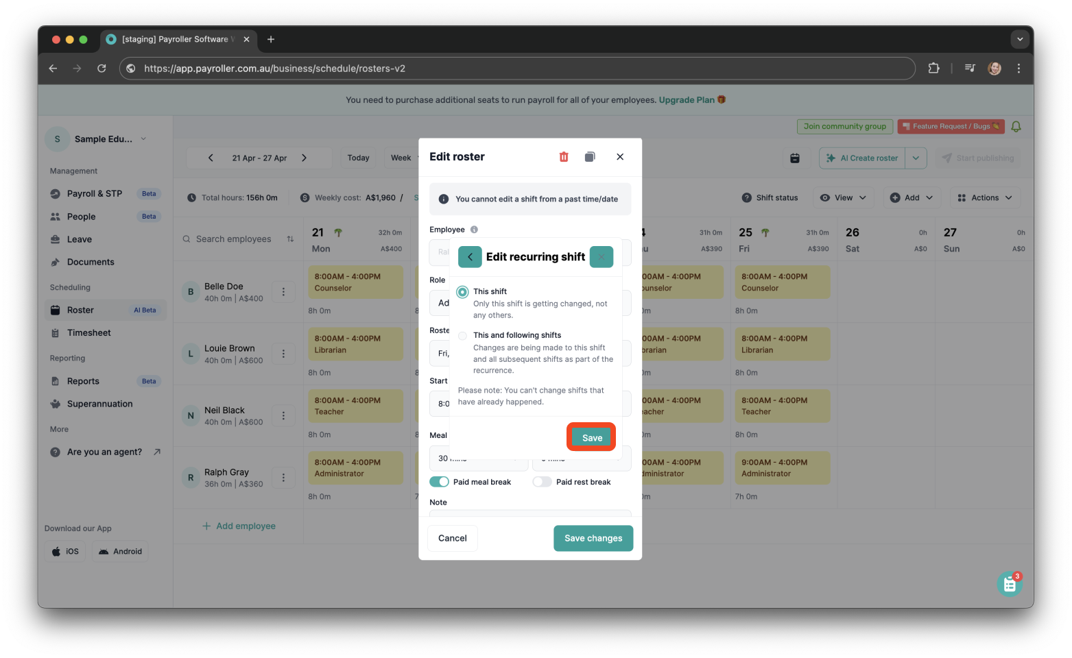 Timesheets and rostering - How to edit a roster - 5