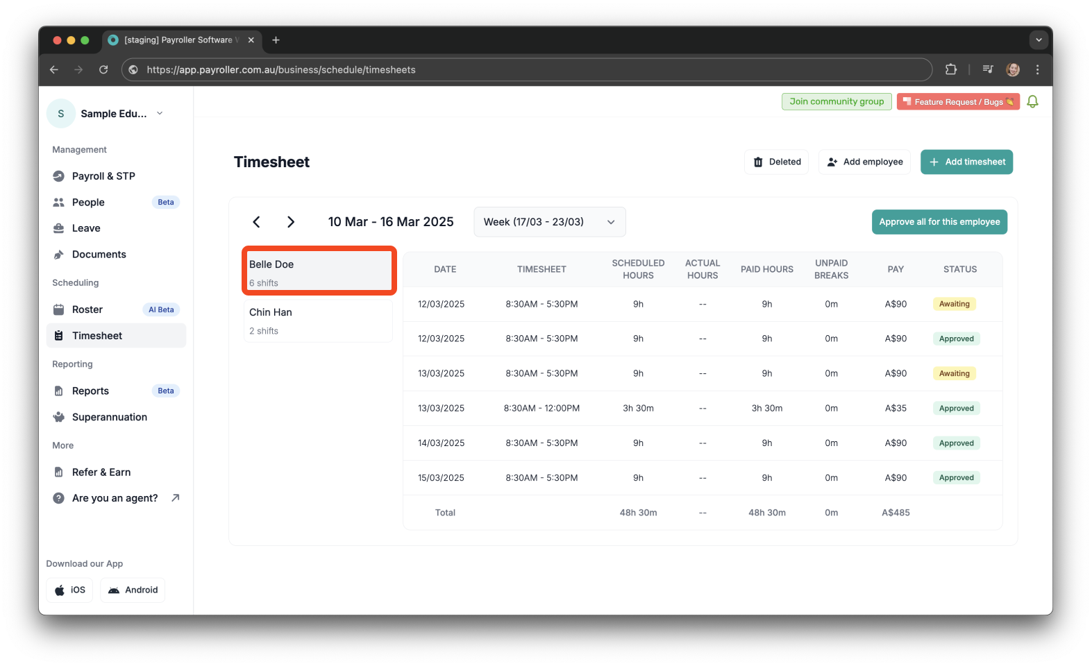 Timesheets and rostering - How to approve a timesheet - 2