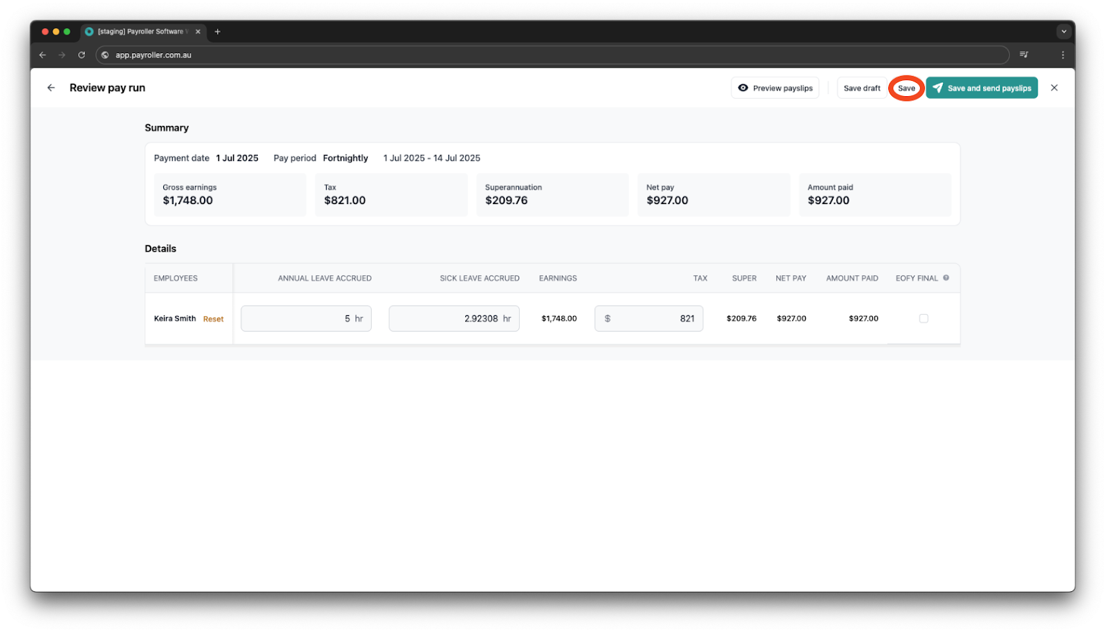 Creating pay runs - Edit leave accrued - 7