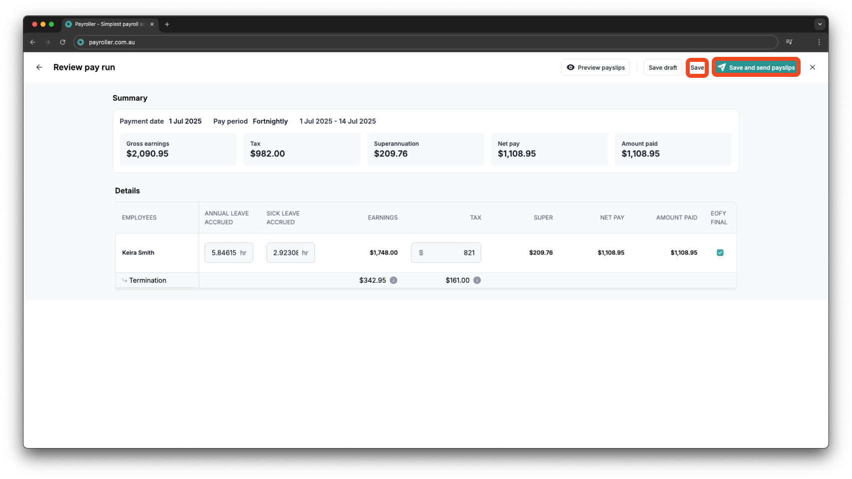 Payroller functions - Termination Payment - 13