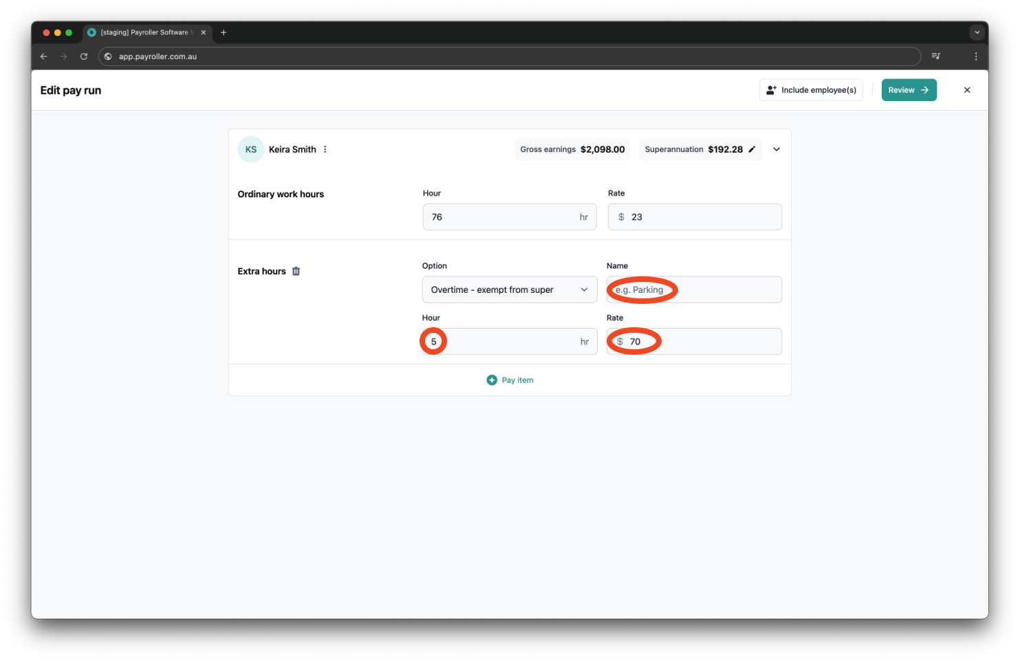 Creating pay runs - How to enter overtime on the pay run - 6
