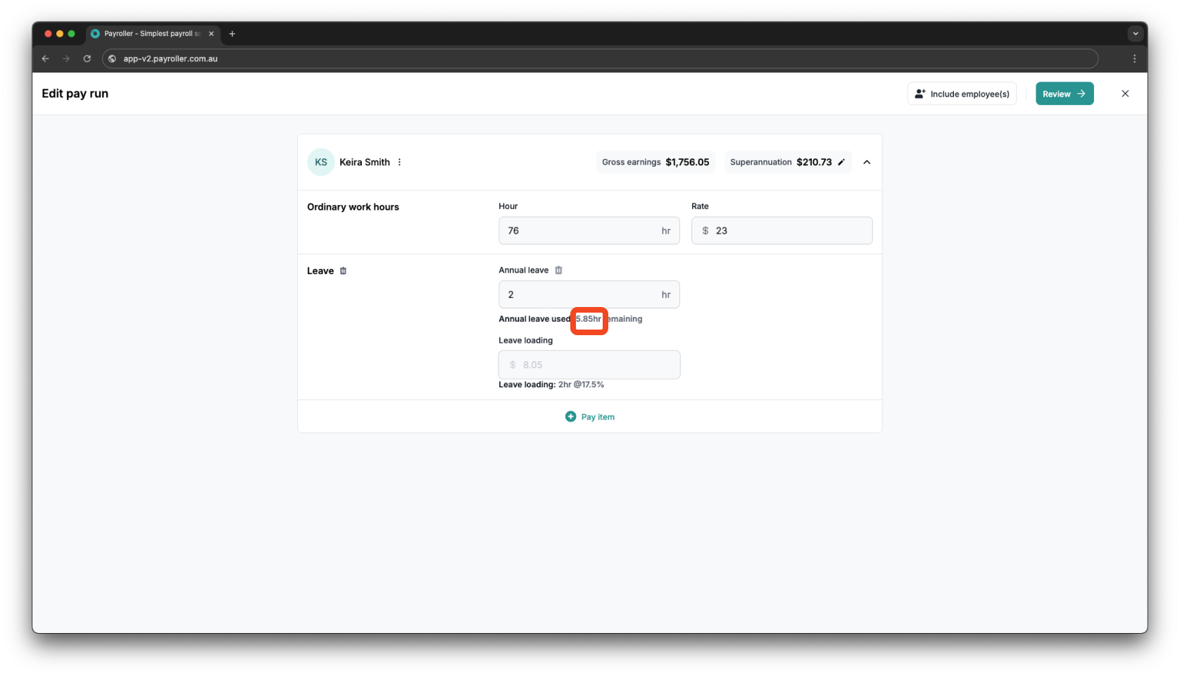 Creating pay runs - Adding leave to a pay run - 13