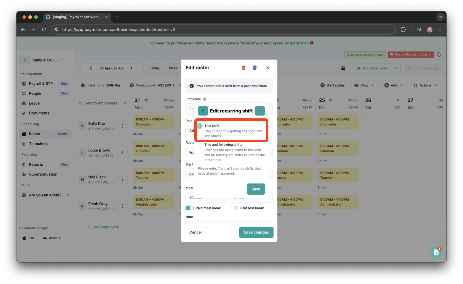 Timesheets and rostering - How to edit a roster - 4