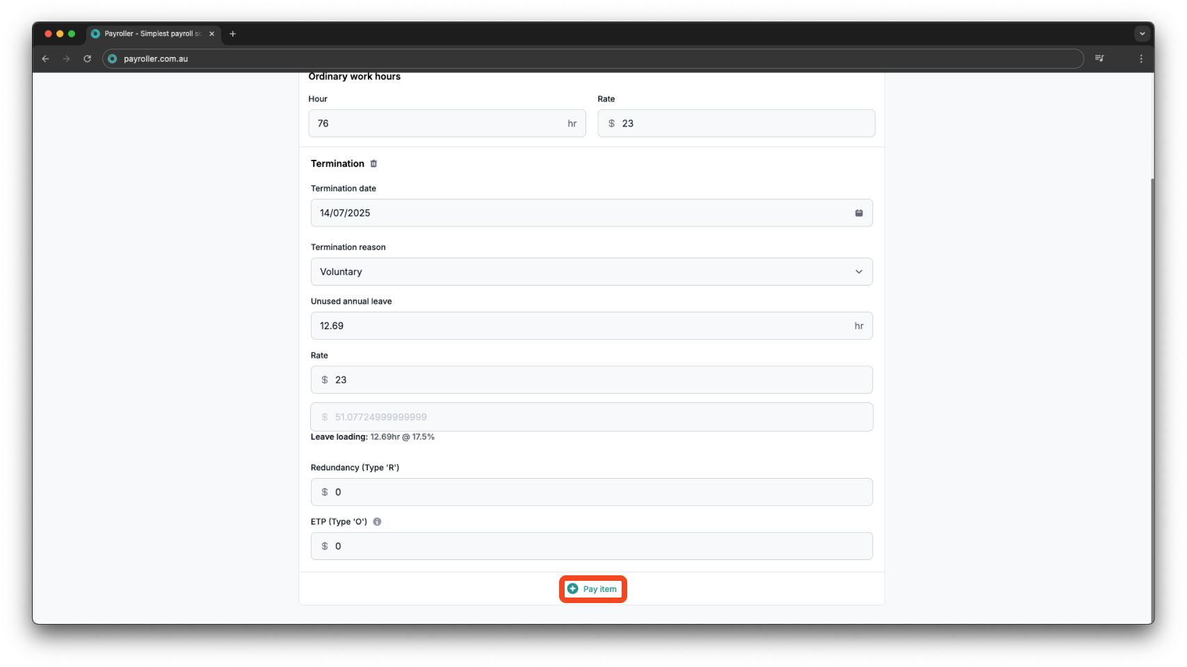 Payroller functions - Termination Payment - 9