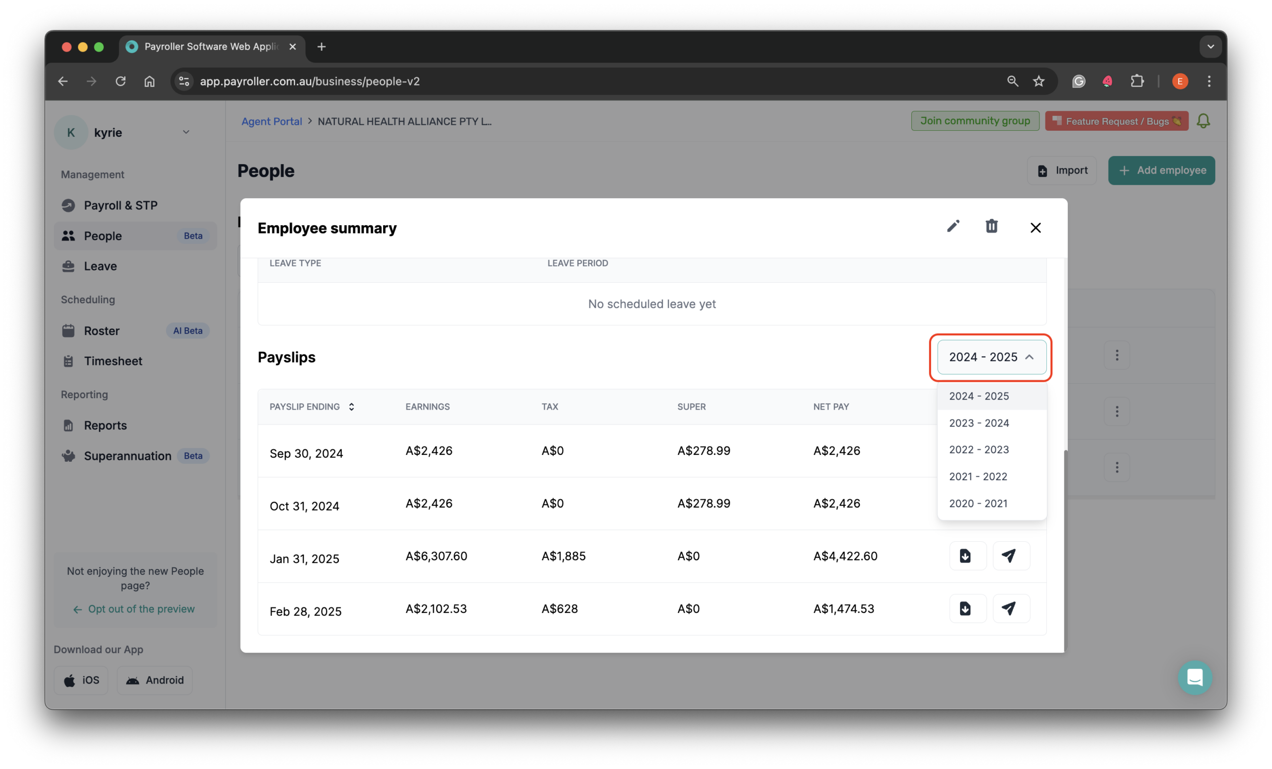 Setting up your employees - How to view a summary of employee payslips - 4