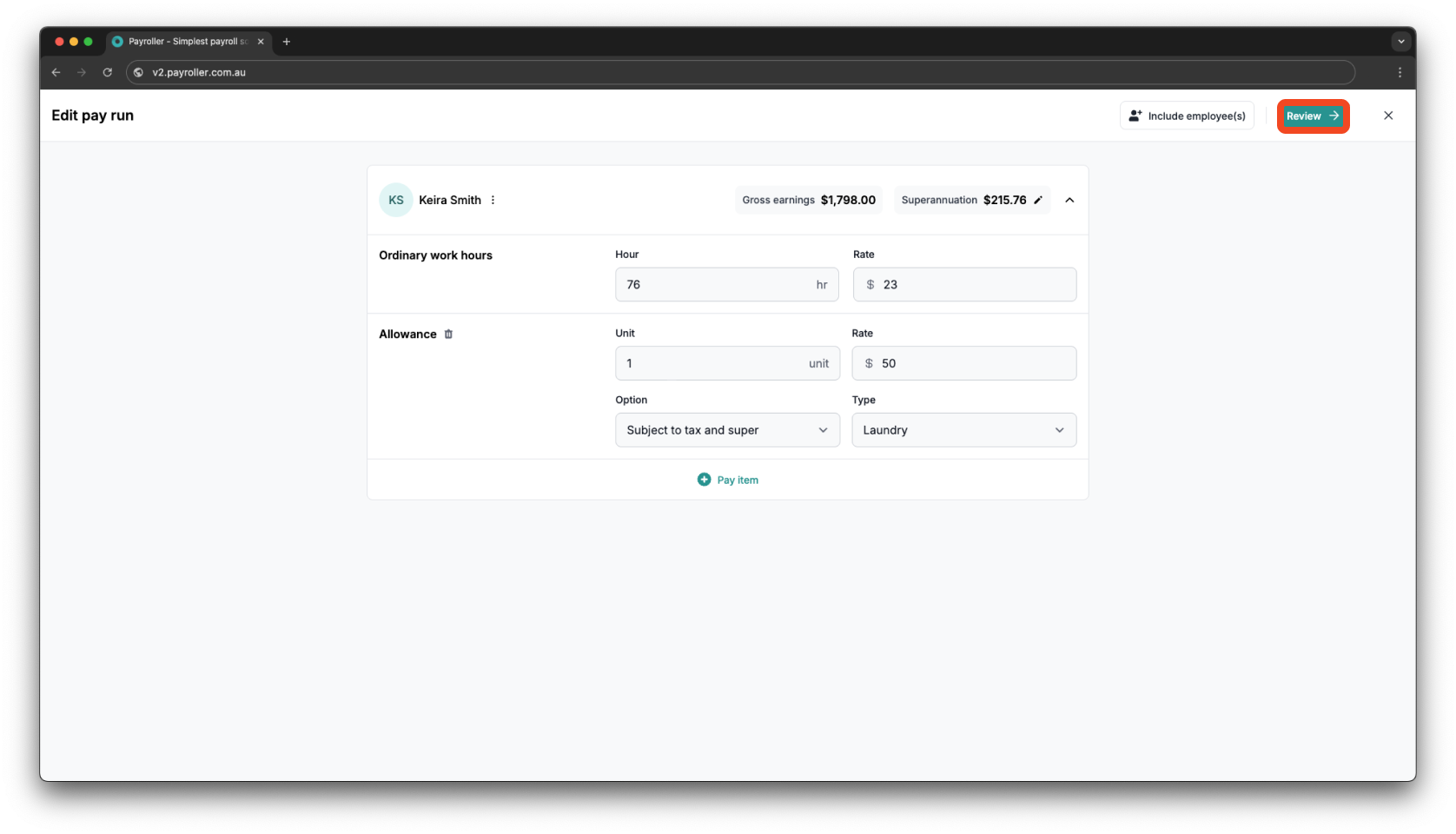 Creating pay runs - Adding an allowance - 8