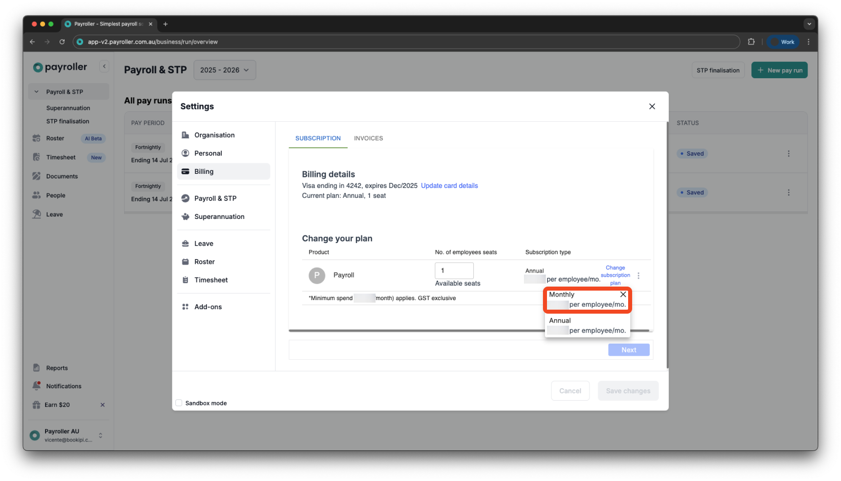 Payroller Employer Subscriptions - Editing the subscription type to a monthly or an annual subscription - 10
