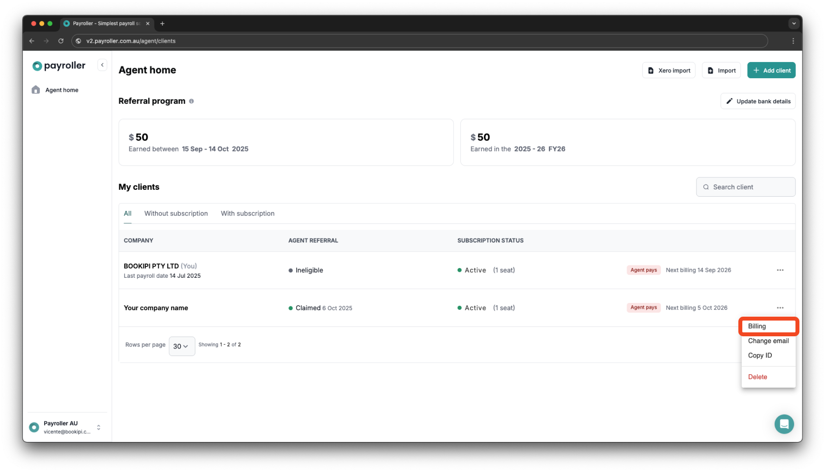 Payroller agent subscriptions - Updating the card details for client subscriptions for agents - 2