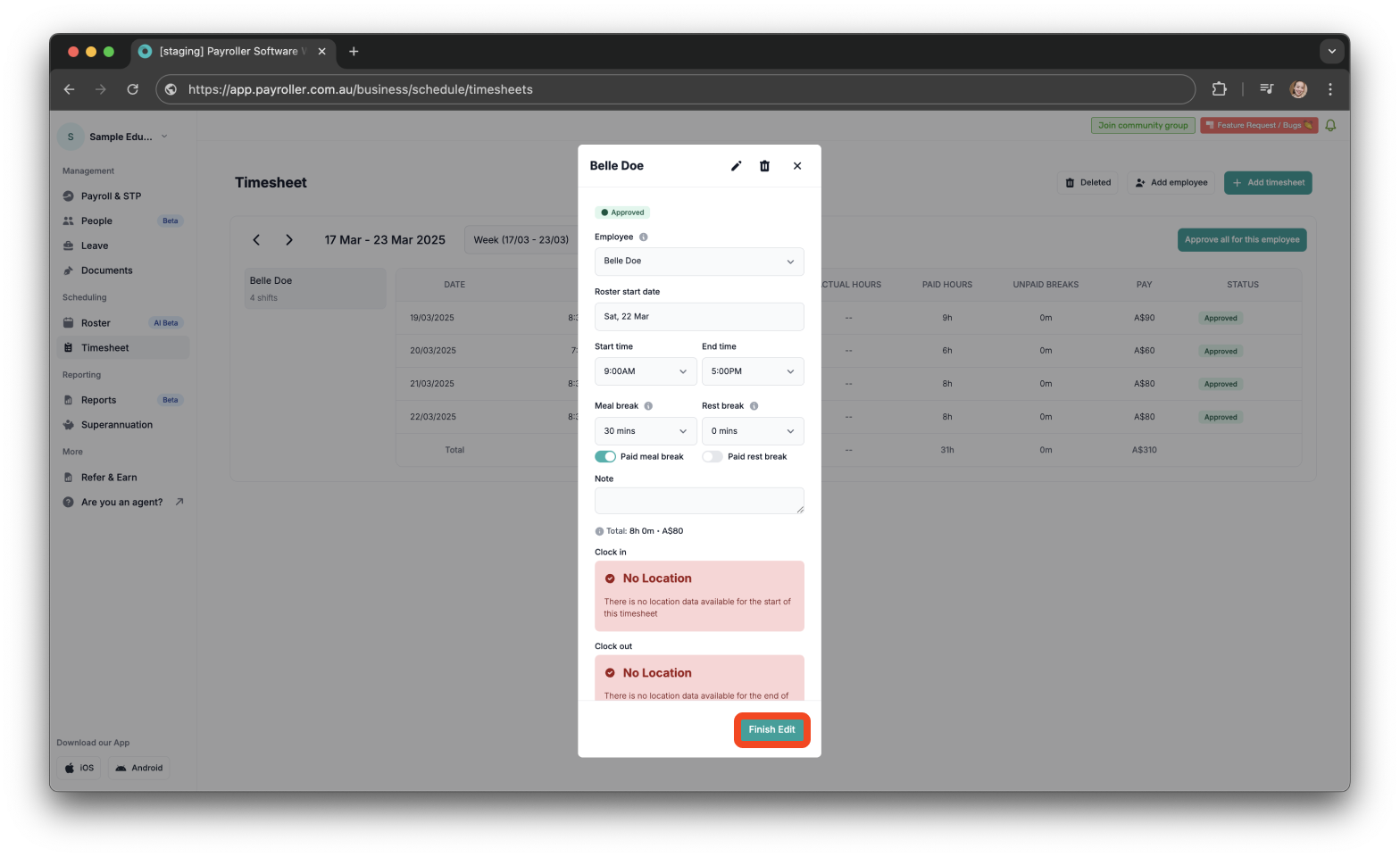 Timesheets and rostering - How to edit a timesheet - 5