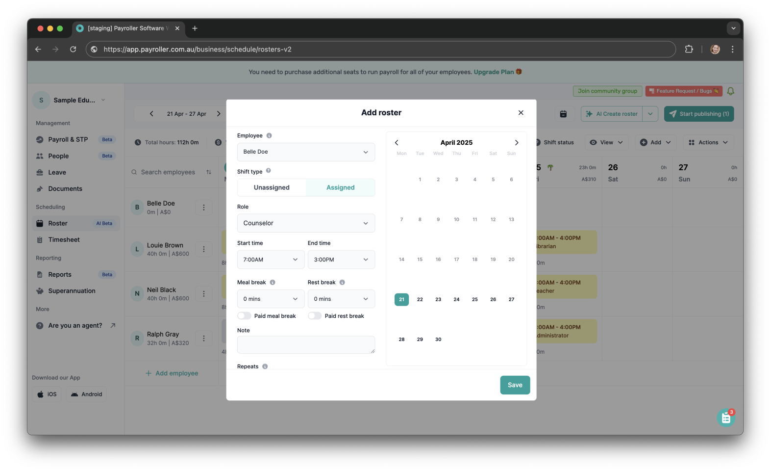 Timesheets and rostering - How to add a meal/rest break in a shift/timesheet - 5