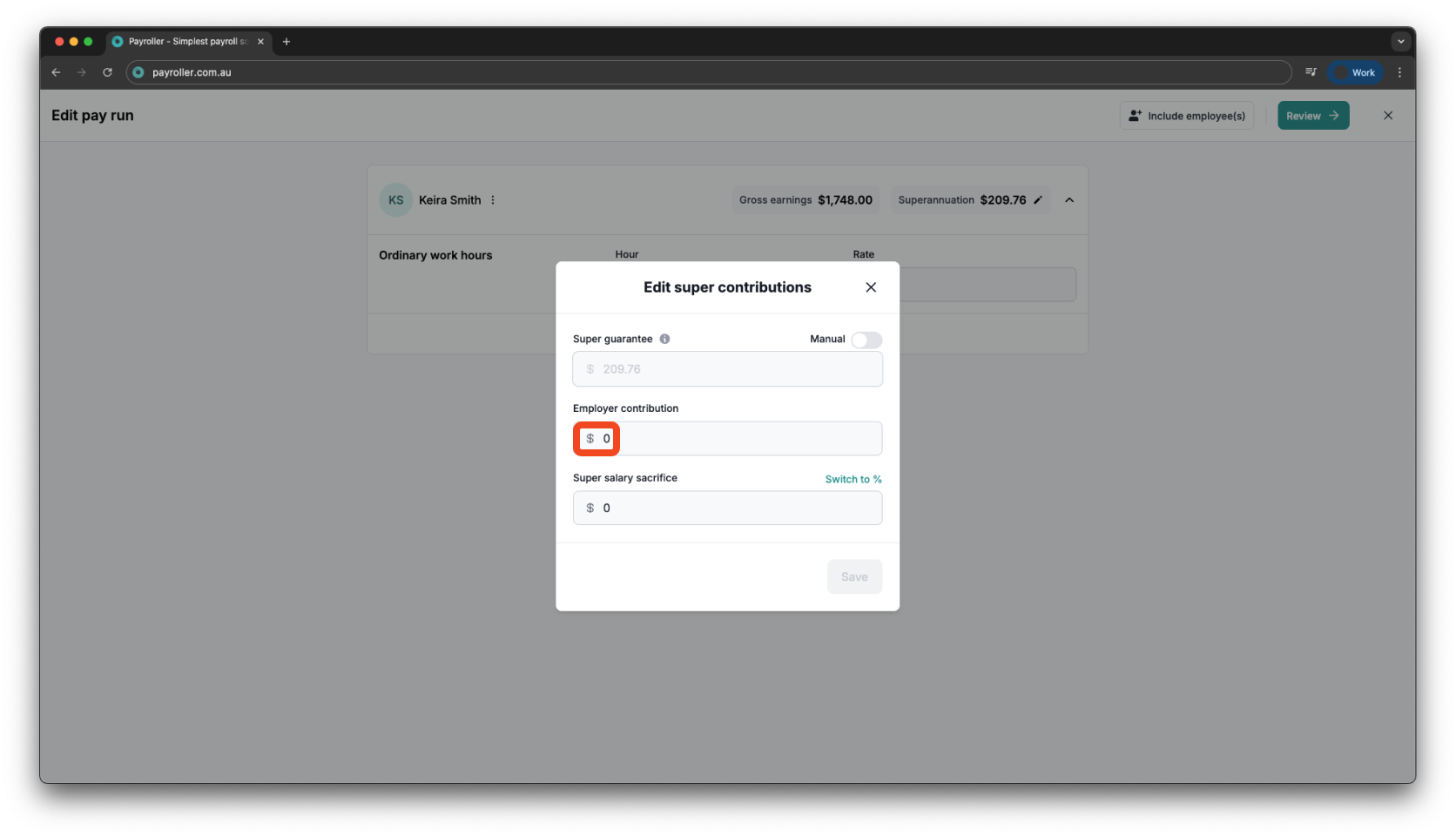 Creating pay runs - Adding employer contribution (superannuation) - 4
