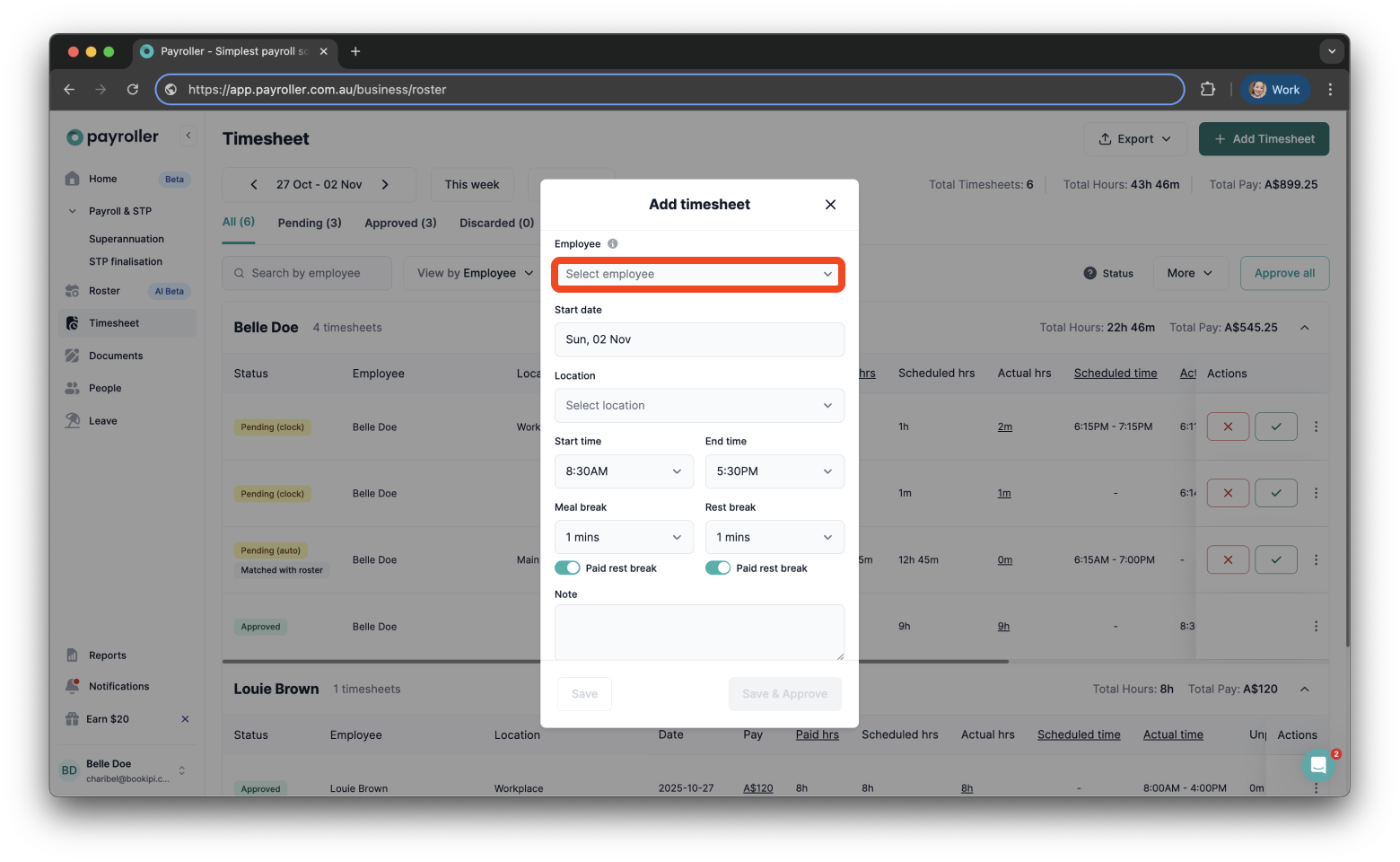 Timesheets and rostering - How to add a timesheet - 3