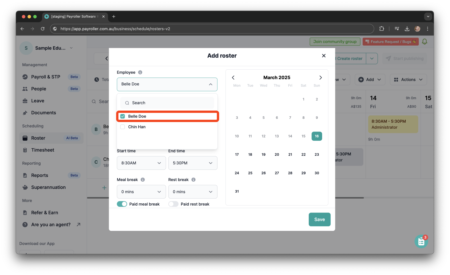 Timesheets and rostering - How to add a shift / How to set a roster - 4