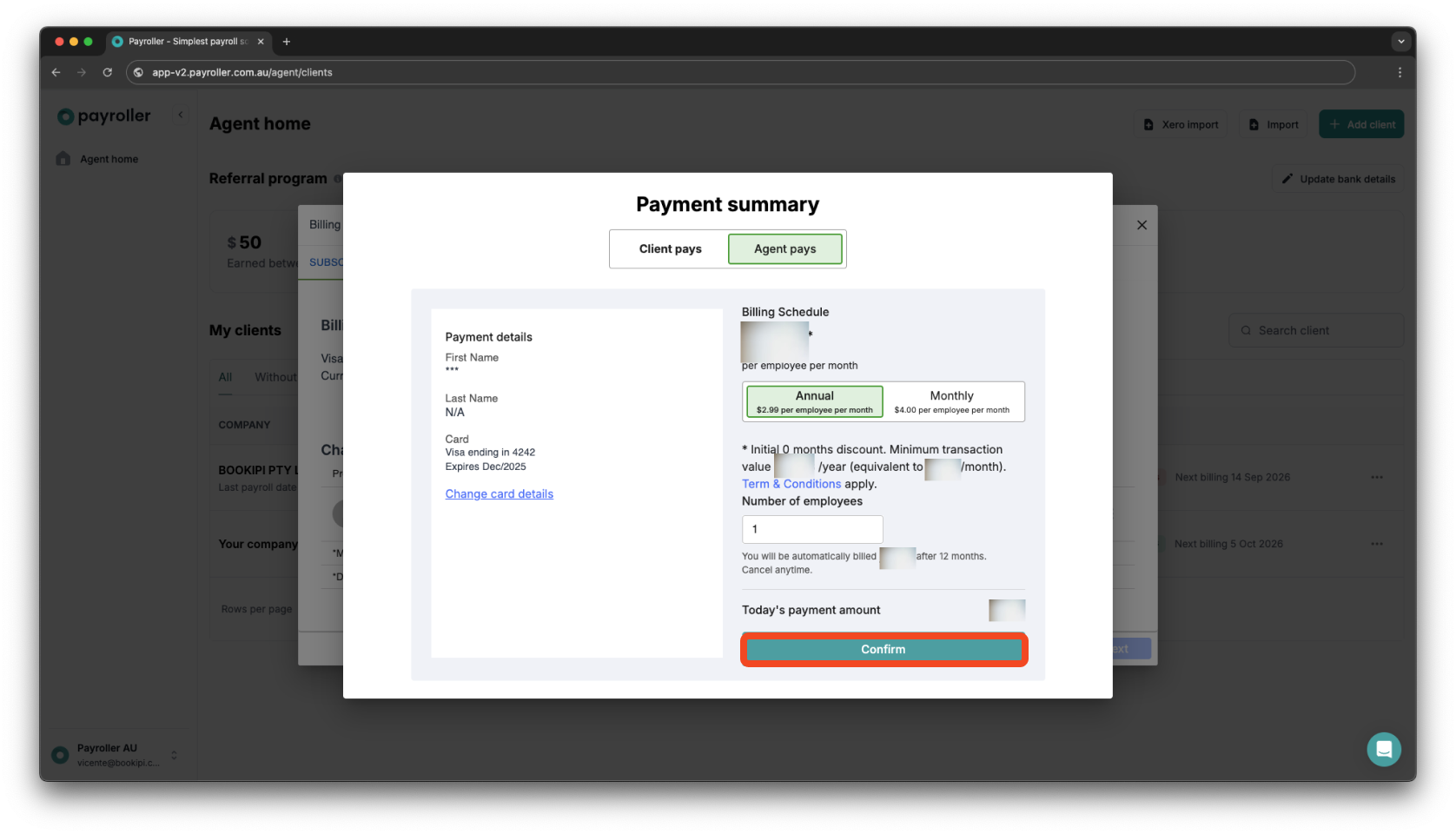 Payroller agent subscriptions - Updating the card details for client subscriptions for agents - 14