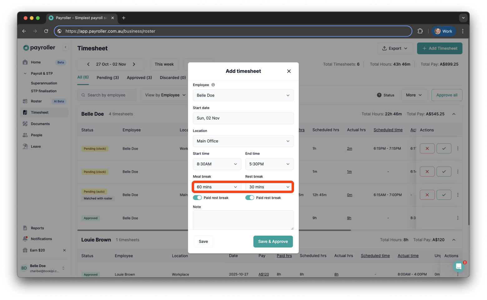 Timesheets and rostering - How to add a timesheet - 7
