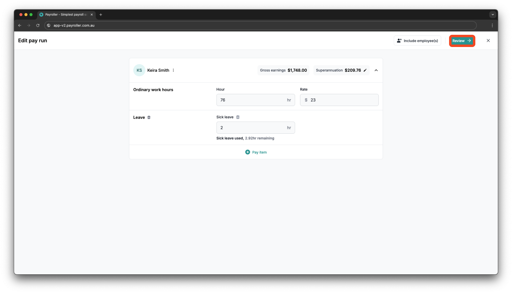 Creating pay runs - Adding leave to a pay run - 7