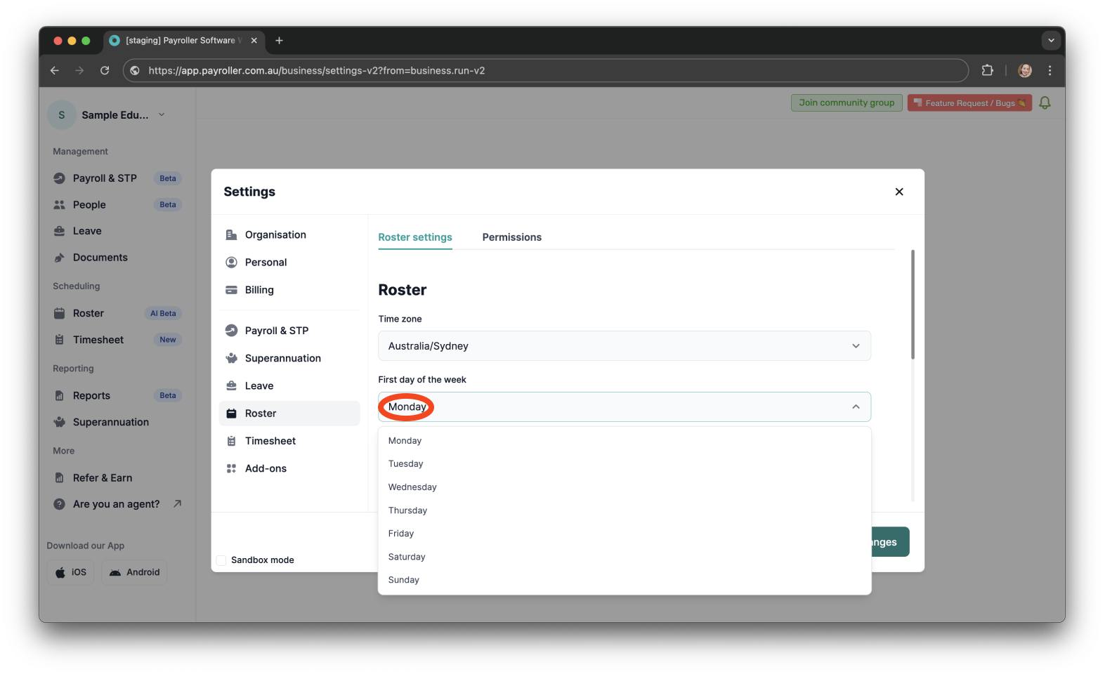 Timesheets and rostering - How to edit the roster start date - 4