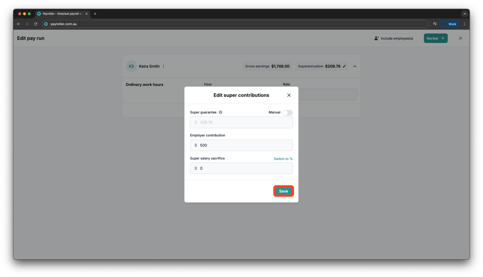 Creating pay runs - Adding employer contribution (superannuation) - 5