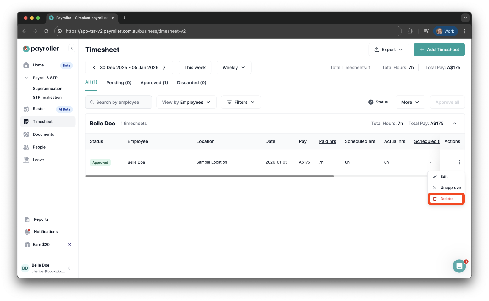 Timesheets and rostering - How to delete/reject a timesheet - 3