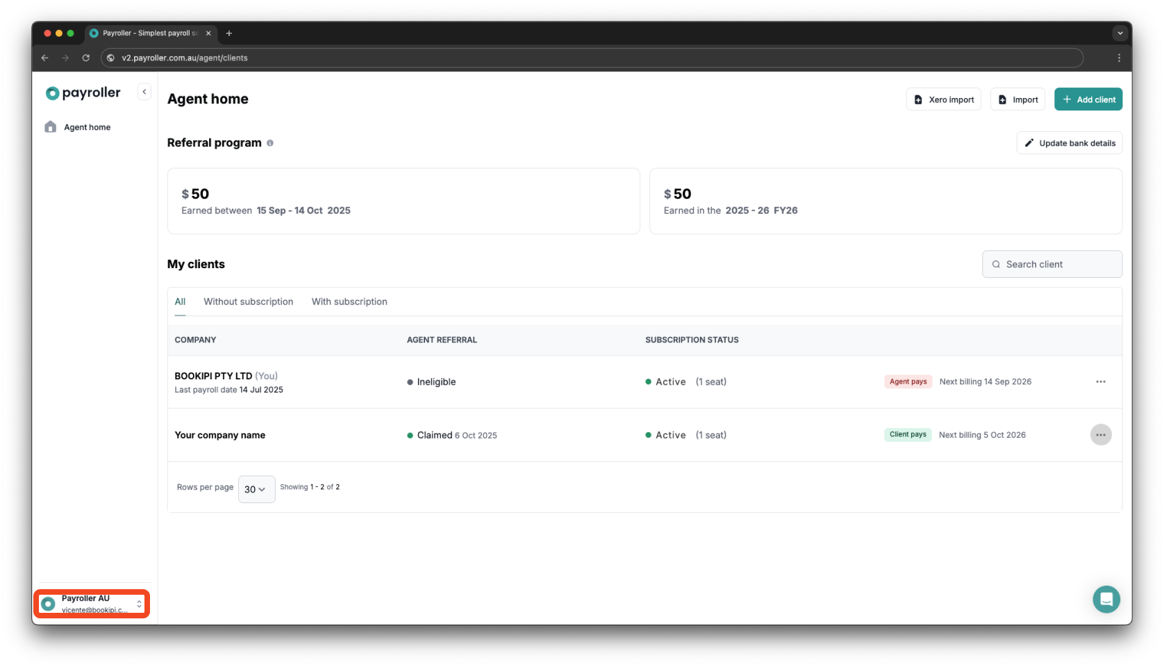 Payroller agent subscriptions - Updating the card details for client subscriptions for agents - 6