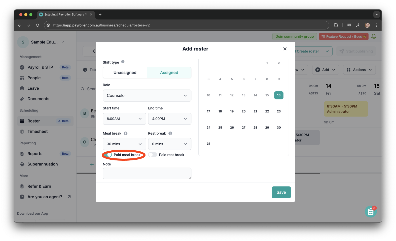 Timesheets and rostering - How to add a shift / How to set a roster - 8